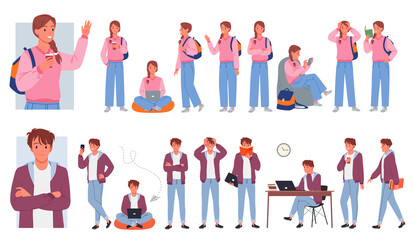 Set of young boy and girl college student in diverse educational poses. School daily activities of learning, studying and reading pupil character cartoon vector illustration