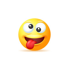 Crazy yellow emoji with tongue hanging out isolated on white background.