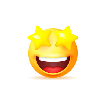 Smiling yellow emoji with stars in the eyes isolated on white background.