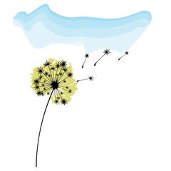 Vector illustration of dandelion time. White Beautiful Dandelion seeds blowing in the wind. The wind inflates a dandelion isolated in editable background.