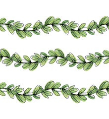 A branch with green leaves in the wave style to create a seamless ornament in the design of postcards, posters and other printed products. Isolated image on a white background.