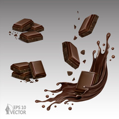 Chocolate set. Slices with crumbs, liquid chocolate, dark chocolate, splashes, pieces and chocolate shavings, cocoa, food. 3d realistic vector illustration