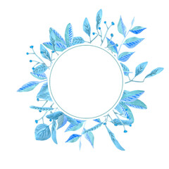Watercolor blue floral frame on white background 