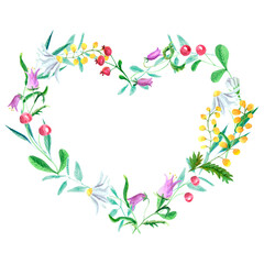 Watercolor wildflower heart wreath on white background
