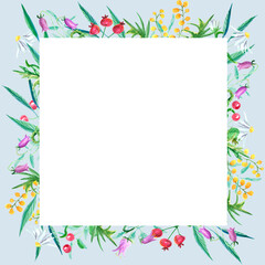 Watercolor wildflower frame on blue background