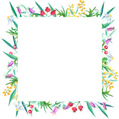 Watercolor wildflower frame on white background