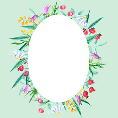 Watercolor wildflower frame on green background