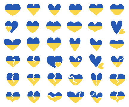 Ukraine colors on different heart shapes. Supporting Ukraine vector elements.
