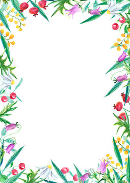 Watercolor wildflower frame on white background