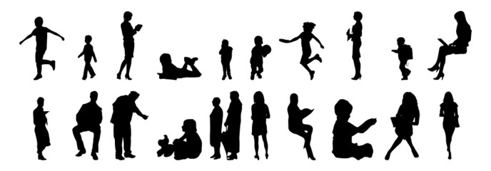 Vector silhouettes, Outline silhouettes of people, Contour drawing, people silhouette, Icon Set Isolated, Silhouette of sitting people, Architectural set	