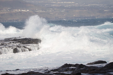 Waves breaking against the shore. El Confital. La Isleta Protected Landscape. Las Palmas de Gran Canaria. Gran Canaria. Canary Islands. Spain.