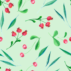 Seamless watercolor floral pattern with woodland berries on mint green background