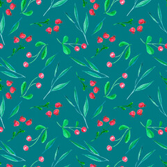 Seamless watercolor floral pattern with woodland berries on green background
