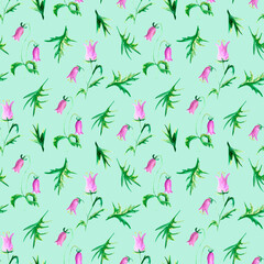 Seamless watercolor floral pattern with bluebell flowers on mint green background