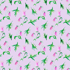 Seamless watercolor floral pattern with bluebell flowers on lilac background