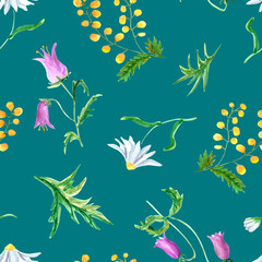 Seamless watercolor floral pattern with bluebells, mimosa and daisy on emerald background