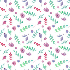 Seamless watercolor floral pattern with flowers on white background