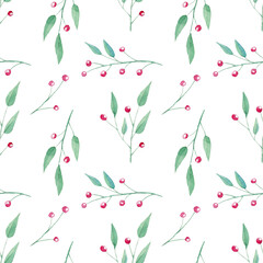 Seamless watercolor floral pattern with berries on white background