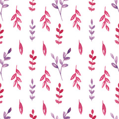Seamless watercolor floral pattern with branches on white background
