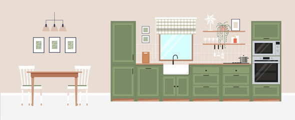 Modern cozy kitchen interior with dining area in a flat style. Kitchen with window and furniture, cooking appliances, utensils, decoration, flowers and plants. Vector graphic design template.