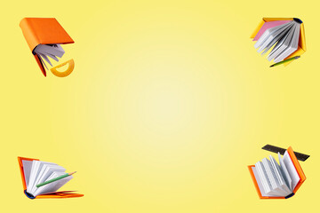 books on yellow background, copy space