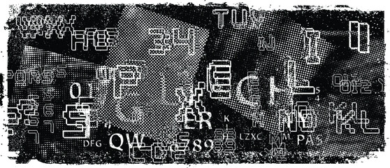 Glitch distorted geometric shape . Noise destroyed logo . Trendy defect error shape . Glitched frame .Grunge textured . Distressed effect .Vector shapes with a letters and numbers screen print texture