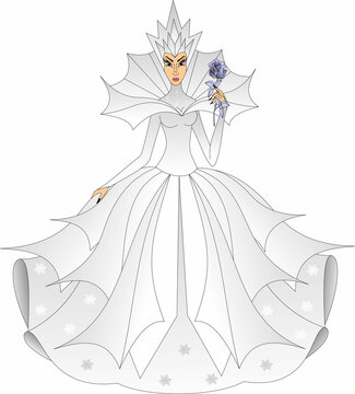 the snow queen in a lush white dress, with an ice crown on her head