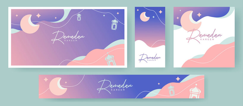 Ramadan Kareem design Set in modern art style in pastel colors. Abstract art templates with sand dunes, lanterns, moon, stars in the sky. Poster, cover, card, website or social media banner templates