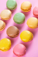 Close-up of macarons cakes of different colors .Culinary and cooking concept. Tasty colorful macaroons.