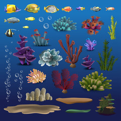 Fototapeta na wymiar Coral and fishes. Underwater flora, fauna sea water seaweeds aquarium, kelp and corals. Ocean vector color set. Vector illustration