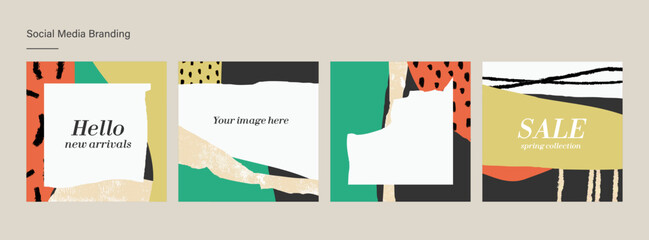Trendy design template for social media post, feed, story background. Cutout, paint, brush stroke, ink roller texture. Mixed media vector artwork illustration. 