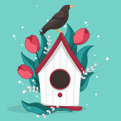 birds in the nest, Vector starlings and birdhouses, vector birdhouses, bird arrived in spring, spring card with birdhouse, cute birdhouse, hello spring, vector spring flowers, vector spring flowers