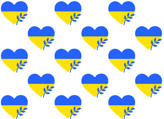 Heart-shaped icon with Ukrainian flag. Pray for Ukraine. Stop the war.