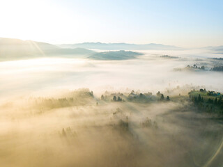 Fototapeta premium Morning fog in the Ukrainian Carpathians. Aerial drone view.