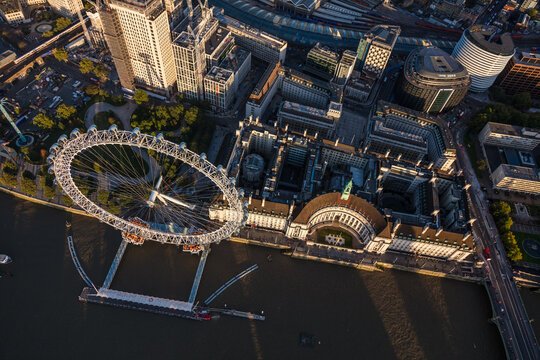 Aerial London Eye famous Ferris wheel England UK