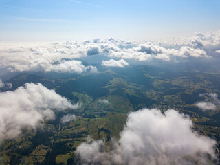 High flight in the mountains of the Ukrainian Carpathians. Aerial drone view.