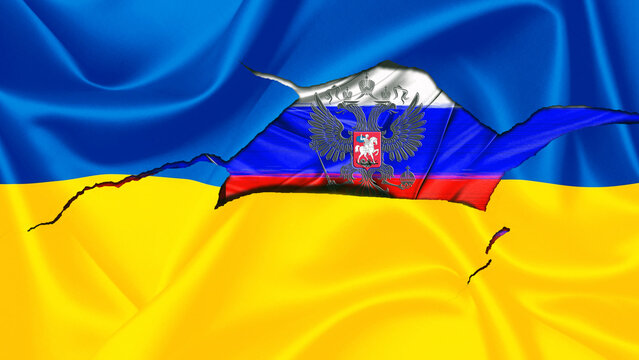 ukrainische Flagge wird von der russischen Flagge durchbrochen. Ukraine vs Russland