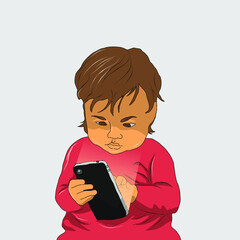 Kid play with gadget in cartoon vector drawing