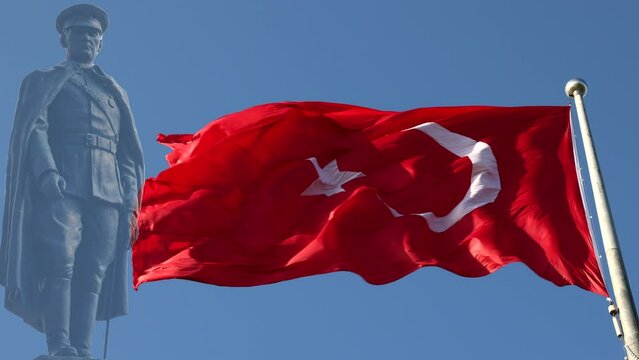 19 mayis Ataturk'u anma, genclik ve spor bayrami in Turkish or May 19 Commemoration of Ataturk, Youth and Sports Day background 4K video. Turkish flag waving.