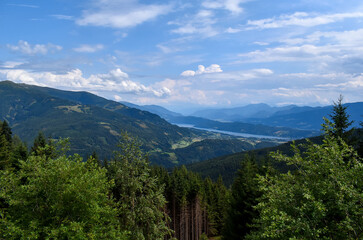Great view on the Millstätter See a large lake in Kärnten, Austria. Scenic Landscape in the mountains in summer.