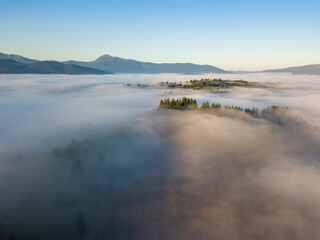 Fototapeta na wymiar Sunny morning in the foggy Carpathians. A thick layer of fog covers the mountains. Aerial drone view.