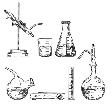 Laboratory equipment hand drawn vector illustrations set. Chemicals and alchemy glassware illustration set. Perfume bottles, jars, flasks drawings in engraved style. Chemical containers and tools