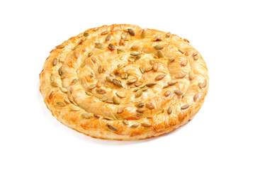 catalog bakery borek (burek)  vertuta  Spiral-shaped pie  filling pumpkin  on white background isolate