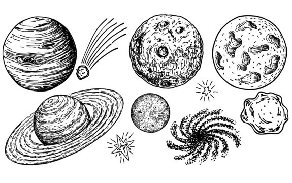 Sketch of space objects set. Collection of comets, planets, stars, asteroids. Black outline elements isolated on white. For design prints, poster, decor, cards. Hand drawn vector