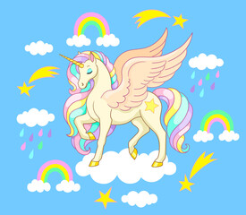 Cute winged unicorn on cloud with rainbows and shooting stars. Colorful vector illustration for kids