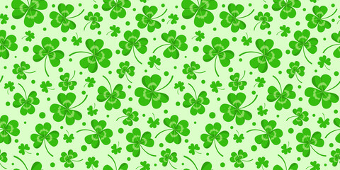 Seamless pattern with clover leaves and dots. Texture with shamrock with three leaves. Vector background for Saint Patrick day, traditional Irish holiday with flat green trefoils