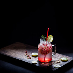 Red pomgranate juice, lemon slice and rosemary on wooden. Healthy vegan and detox drink. Refreshment and against flu