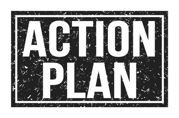 ACTION PLAN, words on black rectangle stamp sign