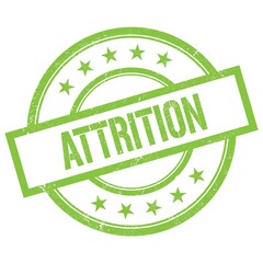 ATTRITION text written on green vintage stamp.