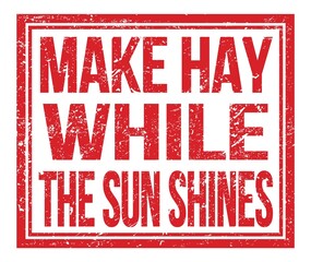 MAKE HAY WHILE THE SUN SHINES, text on red grungy stamp sign